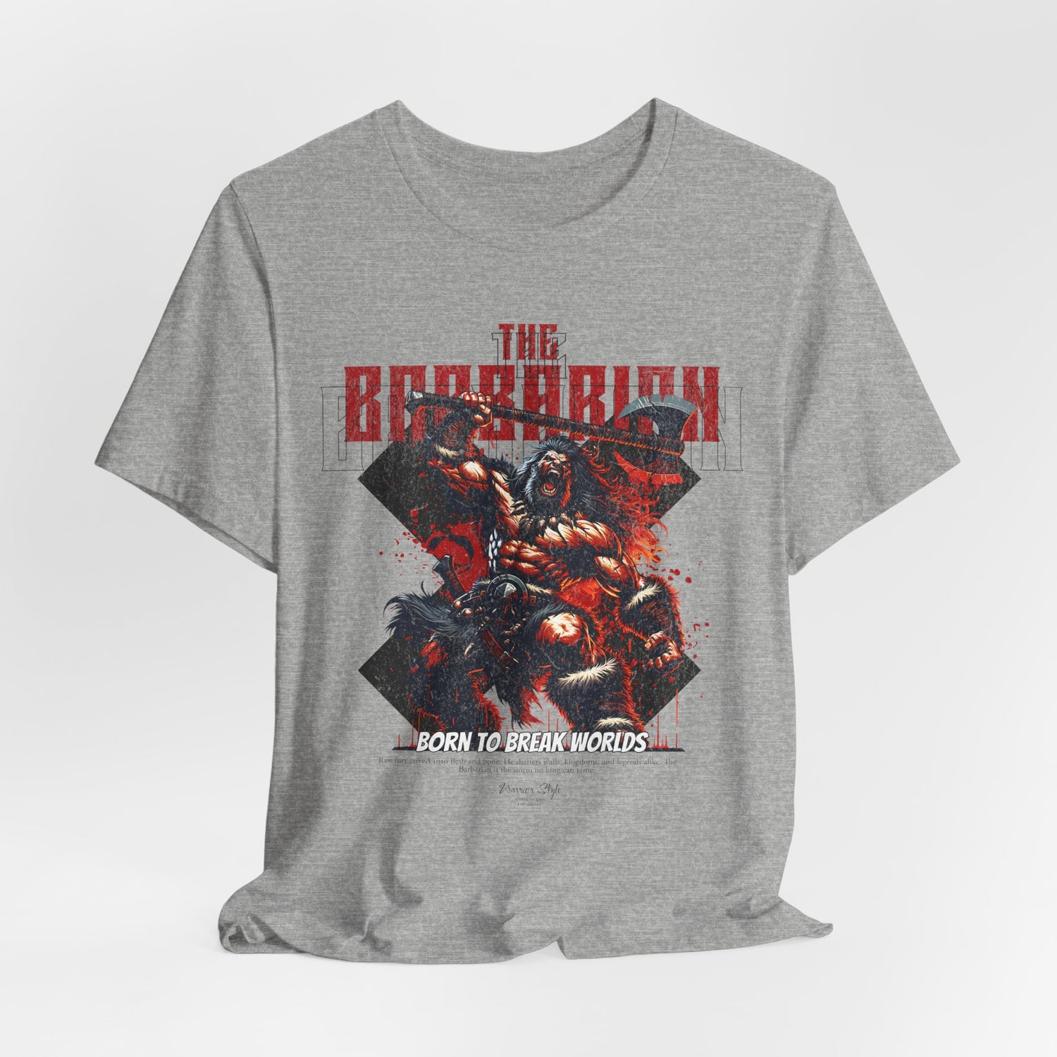 The BARBARIAN t-shirt in Athletic Heather — Grit and muscle in motion — no armor, no pause.