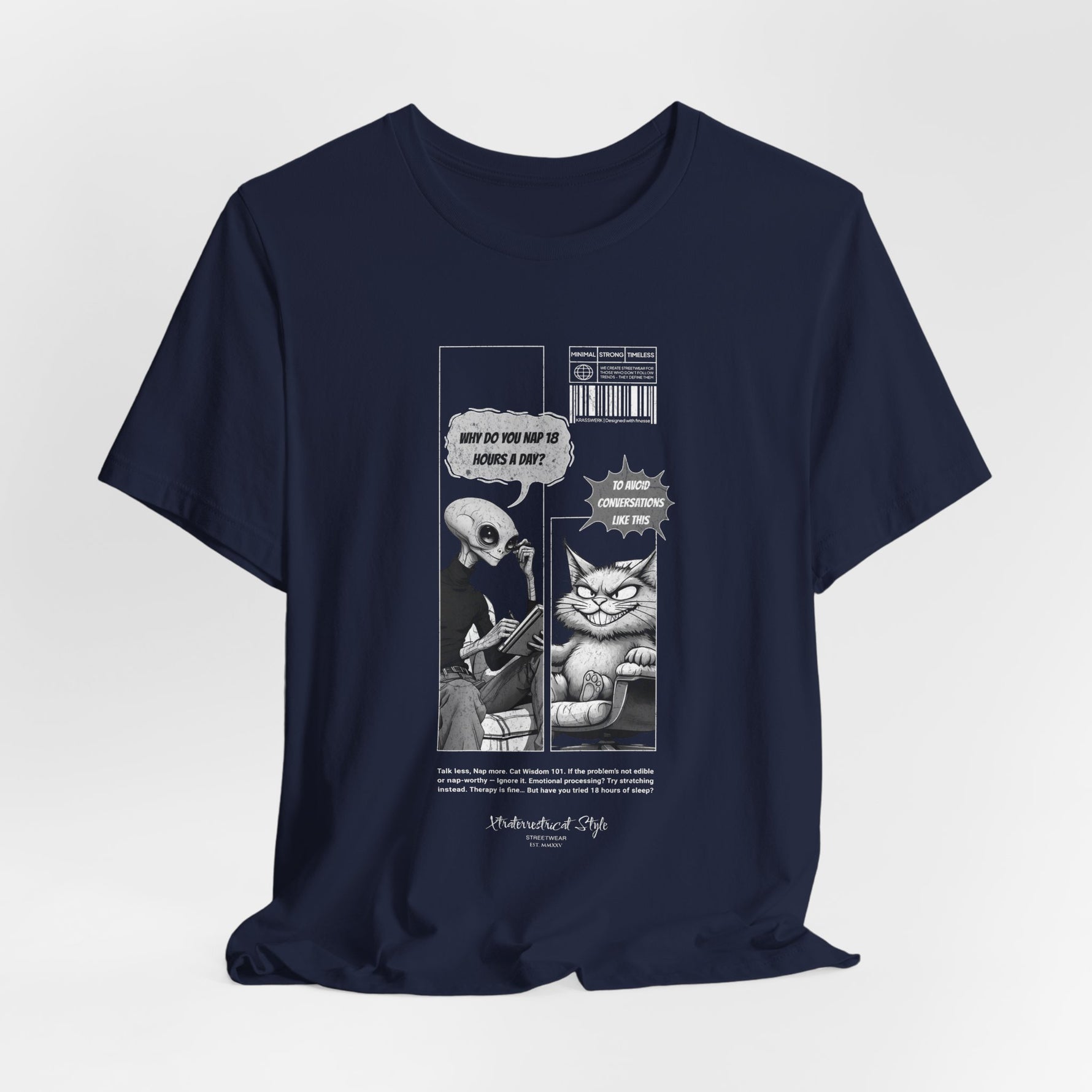 The NAP – 18h A Day t-shirt in Navy — Dark blue adds depth and brings subtle sophistication to the monochrome design.
