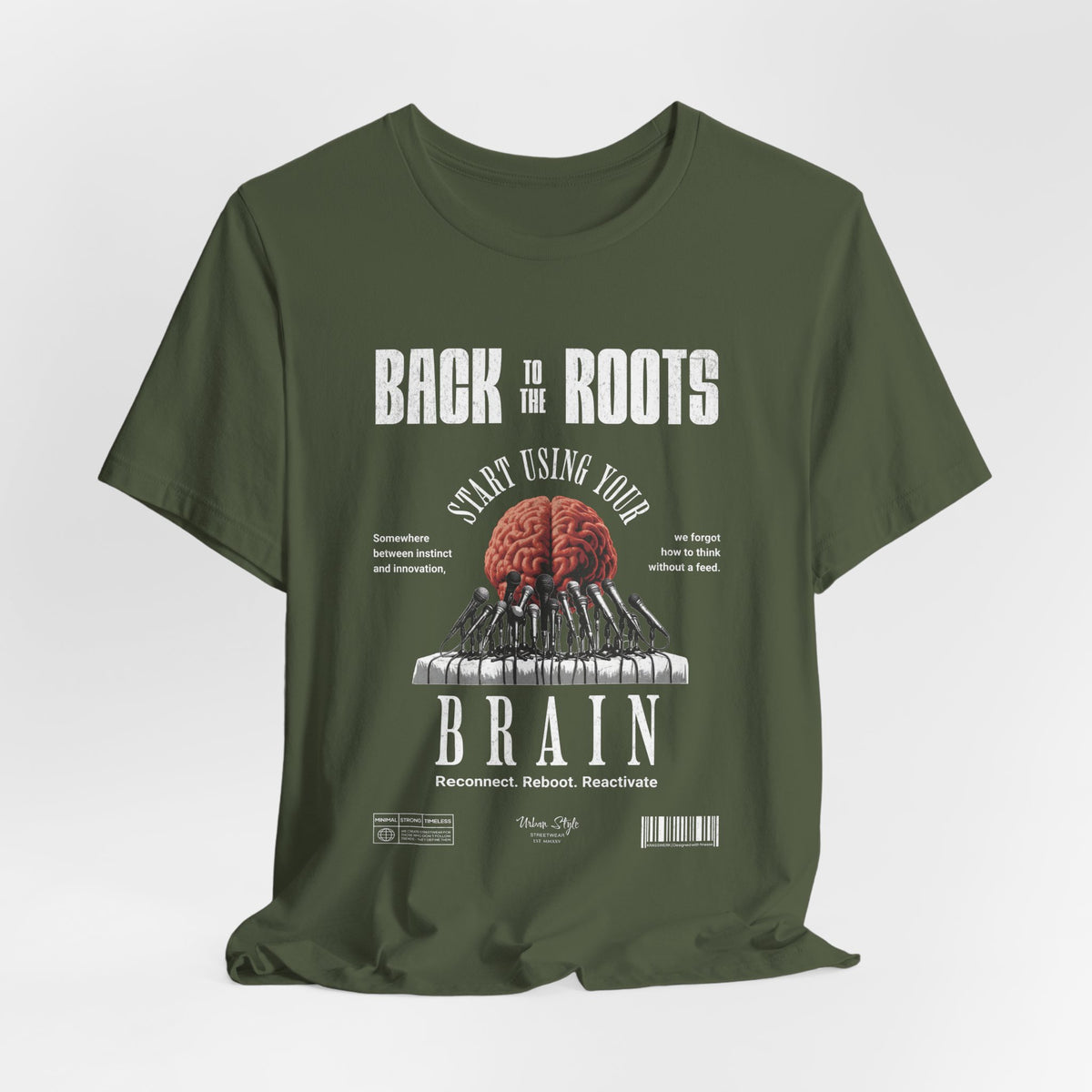 The Back to the Roots t-shirt in Military Green — born from earth, trained by time.