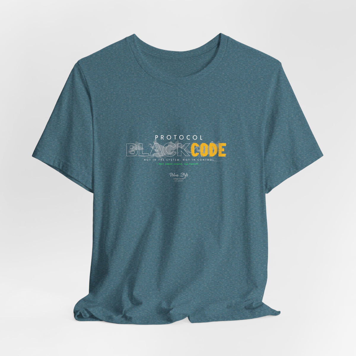 The PROTOCOL BLACKCODE t-shirt in Heather Deep Teal — hidden in plain frequency. 3D mockup of a t-shirt in dark teal heather tone. No model, no background.