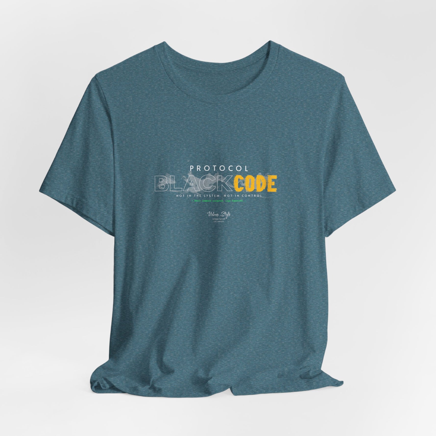 The PROTOCOL BLACKCODE t-shirt in Heather Deep Teal — hidden in plain frequency. 3D mockup of a t-shirt in dark teal heather tone. No model, no background.