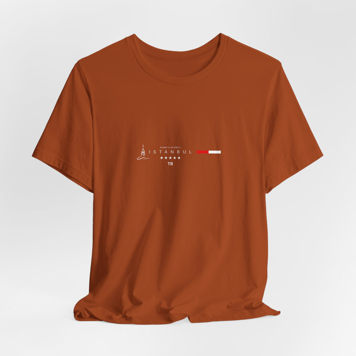 The ISTANBUL t-shirt in Autumn — A warm, earthy tone reflecting the golden haze of Istanbul’s fall skyline. 3D mockup, no background, no model.