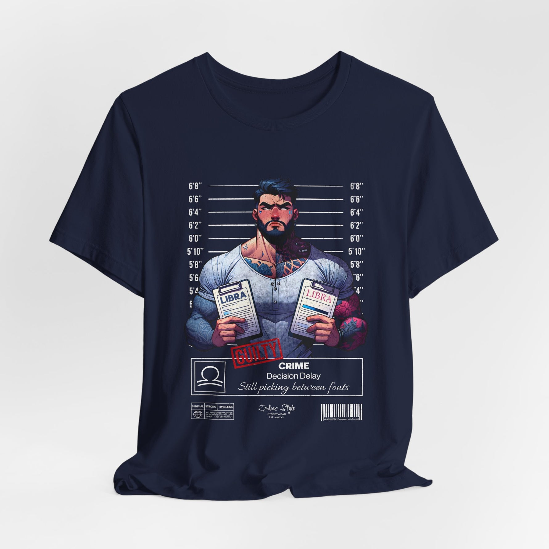 3D mockup of the LIBRA t-shirt in Navy — dark, deep blue color. NO BACKGROUND. NO MODEL.
