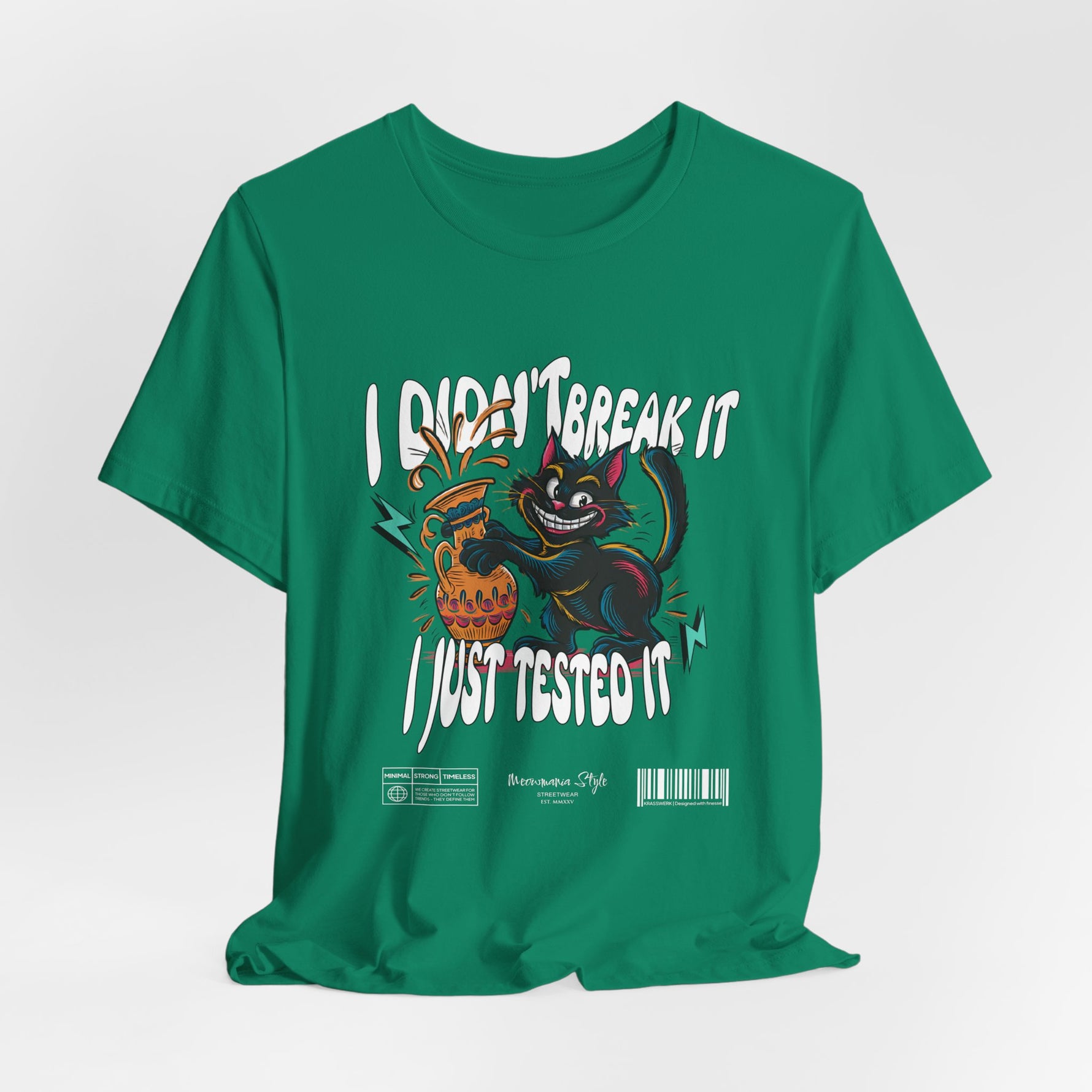 The I Just Tested It t-shirt in kelly — a bright green that injects energy into the chaotic cat design.