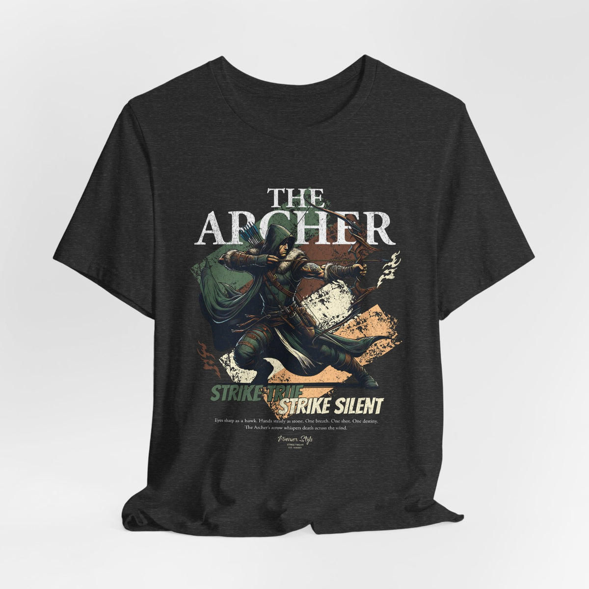 The ARCHER t-shirt in darkheathergrey — Camouflaged in twilight, unseen but watching.