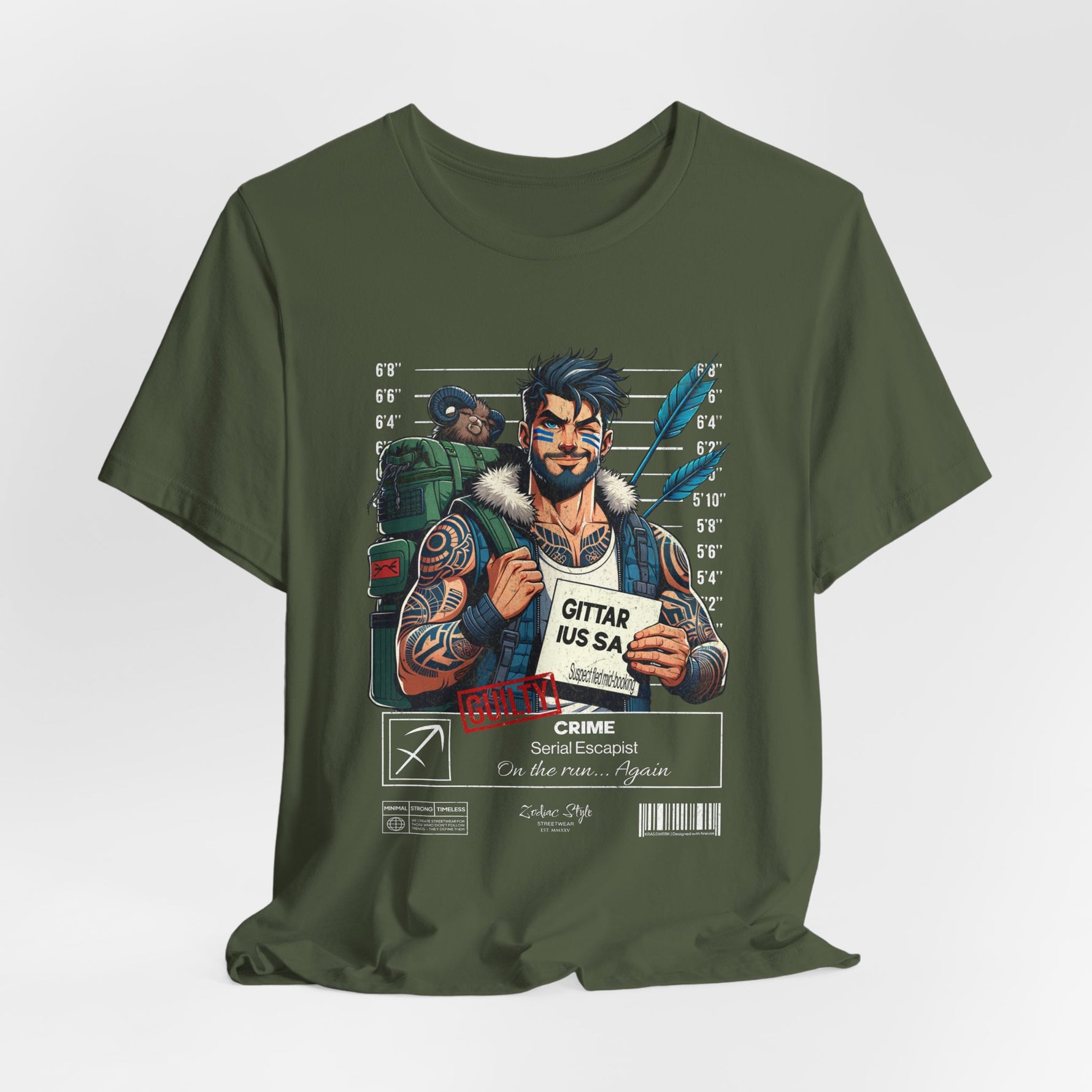 The SAGITTARIUS t-shirt in Military Green — rugged green for survival instincts and mobility. 3D mockup on white background. No model included.