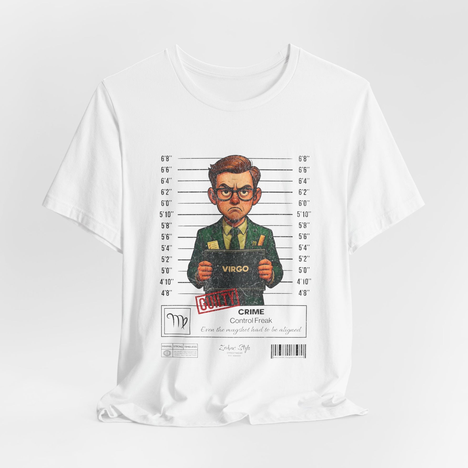 The VIRGO t-shirt in white — 3D mockup of the design on a clean white shirt. No background, no model.