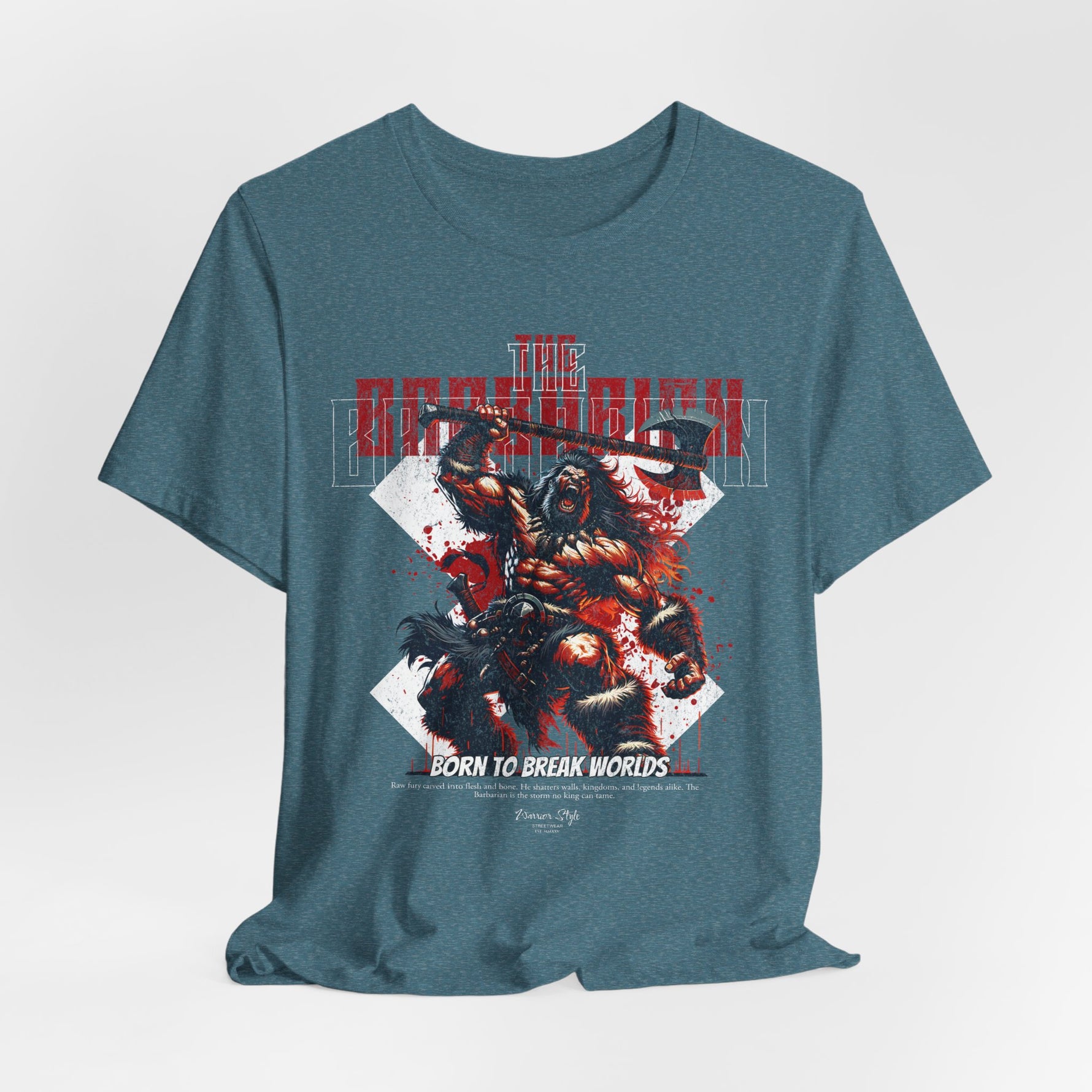 The BARBARIAN t-shirt in Heather Deep Teal — Storm-touched and raw, from mountain to madness.