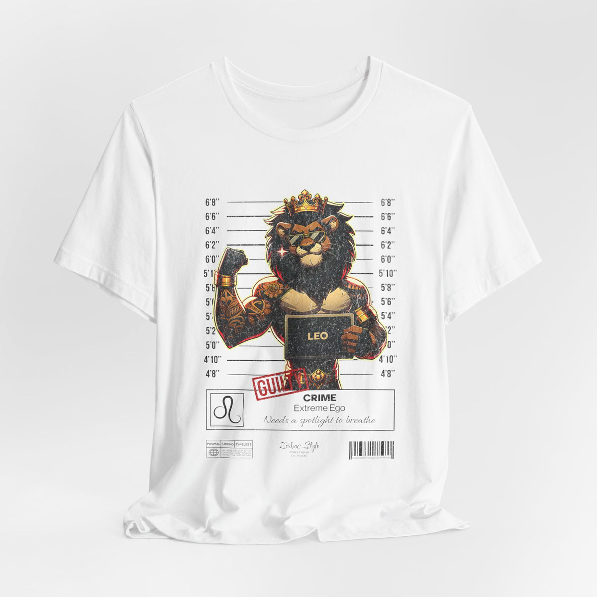 The LEO t-shirt in White – 3D mockup of a clean white shirt, showing full-color graphic clearly. NO BACKGROUND, NO MODEL.