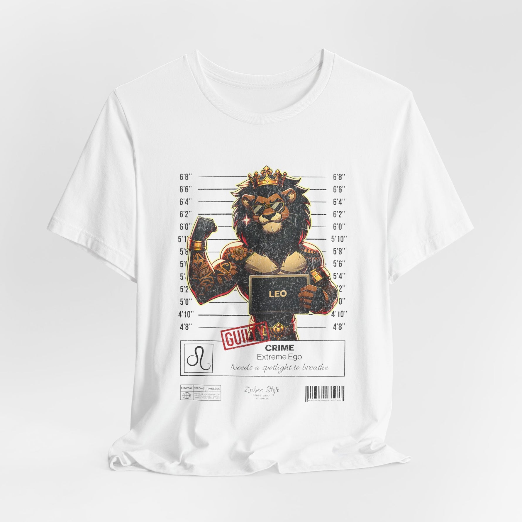 The LEO t-shirt in White – 3D mockup of a clean white shirt, showing full-color graphic clearly. NO BACKGROUND, NO MODEL.