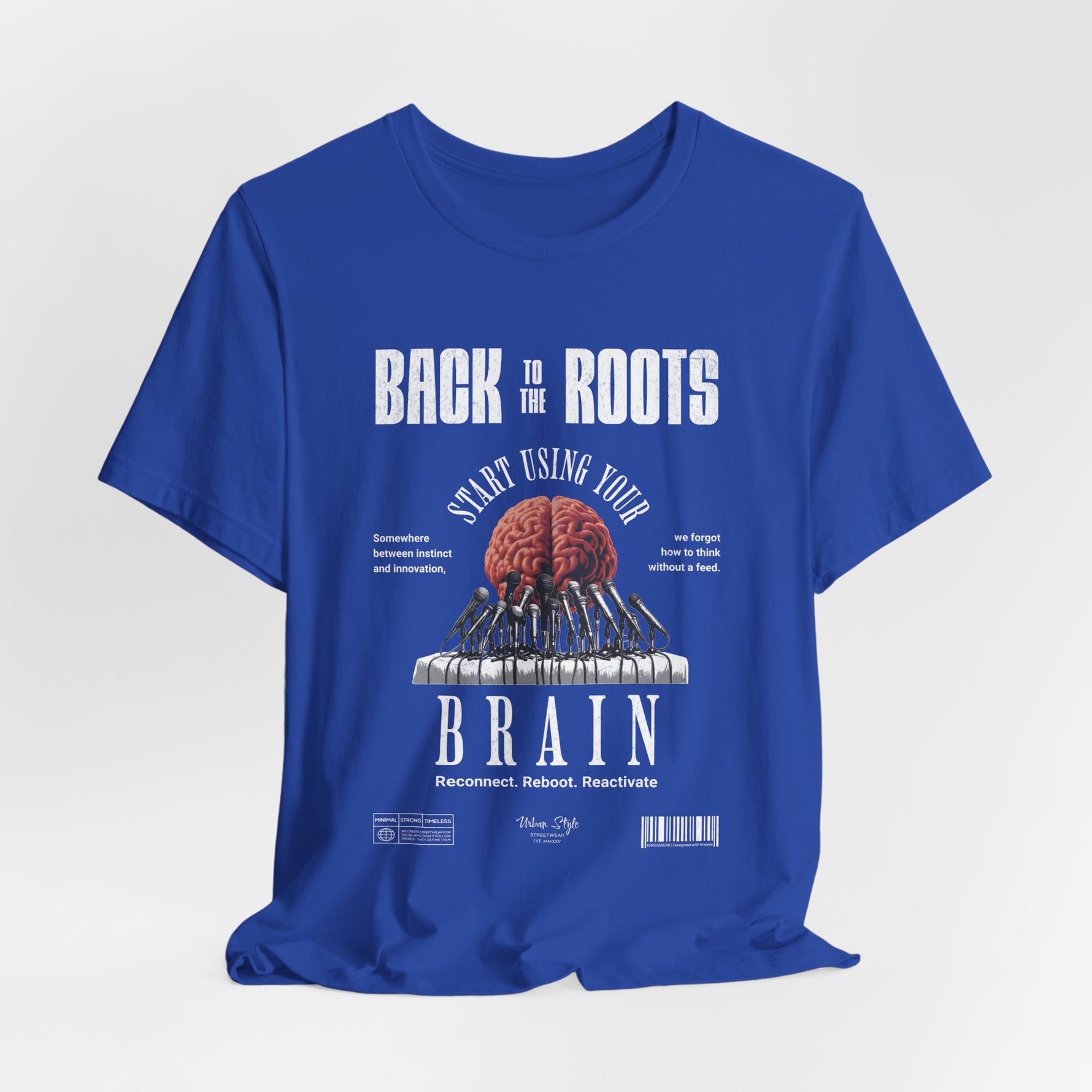 The Back to the Roots t-shirt in True Royal — wisdom rooted in legacy.