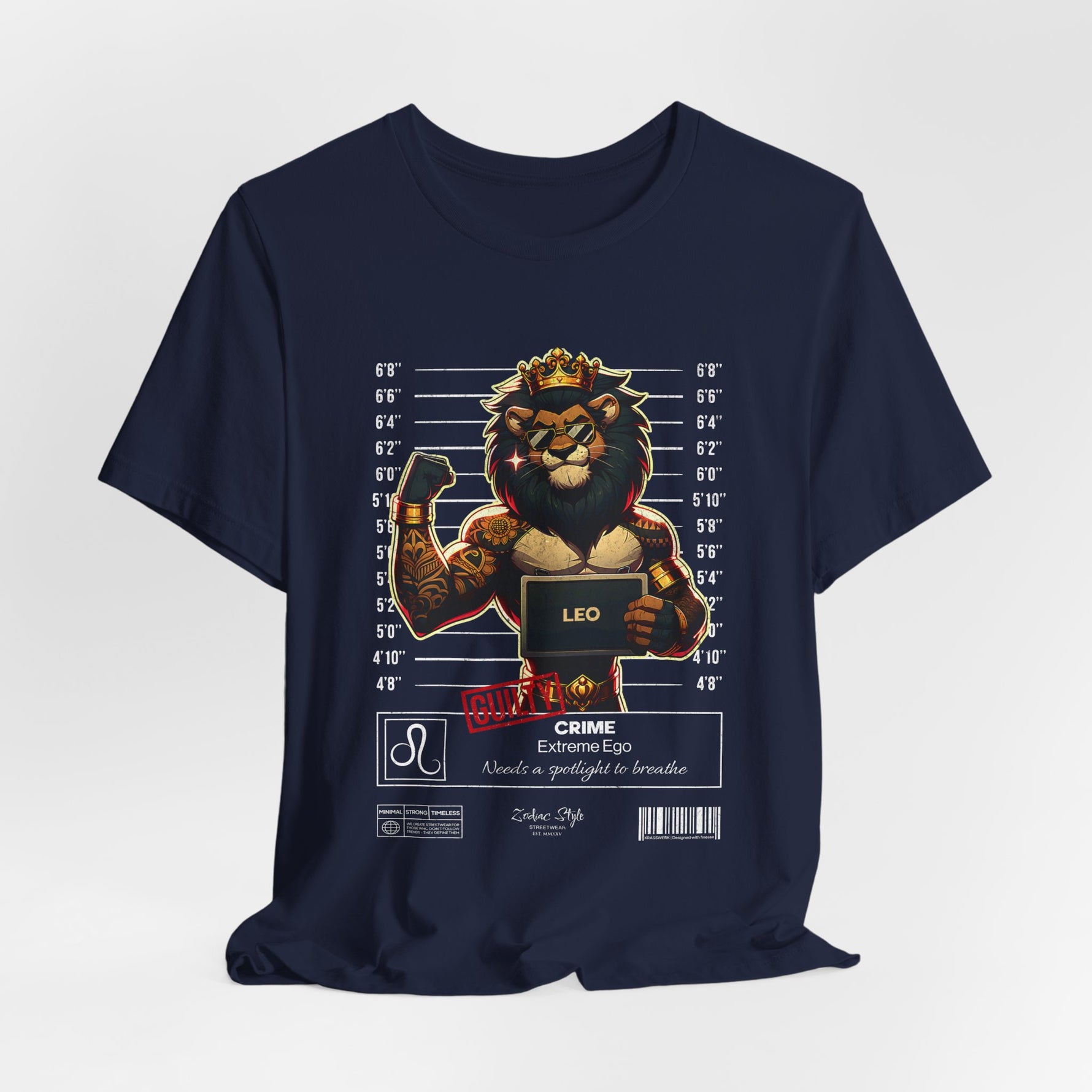 The LEO t-shirt in Navy – 3D mockup of a dark navy blue shirt, highlighting the bold lion graphic. NO BACKGROUND, NO MODEL.