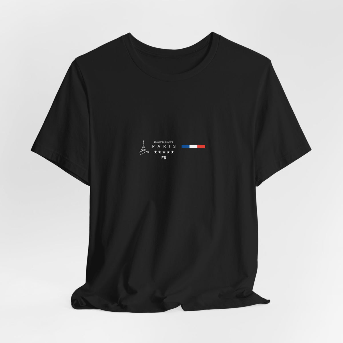 The PARIS t-shirt in Black — 3D mockup, true black, no background, no model.