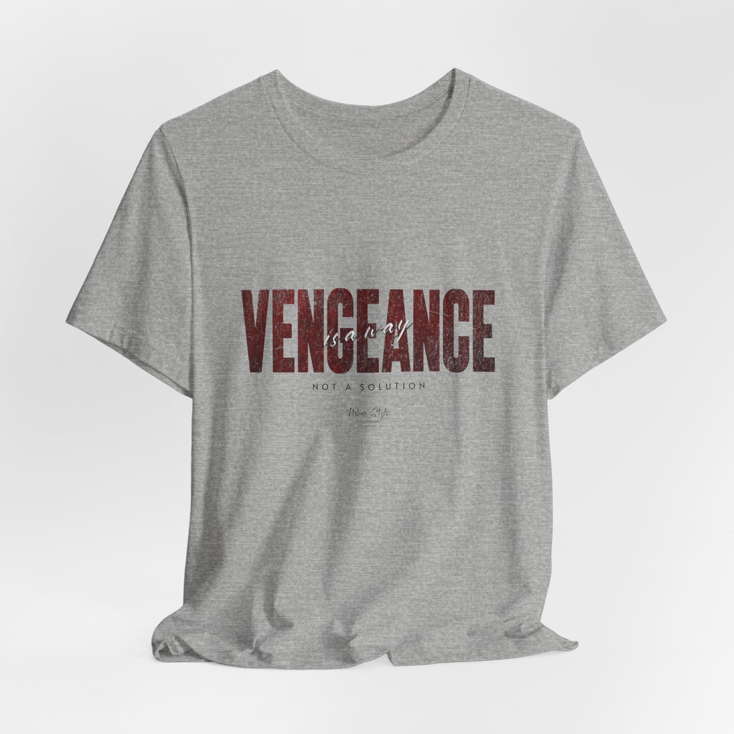 The VENGEANCE t-shirt in Athletic Heather — neutral grey with a silent, sharp character.