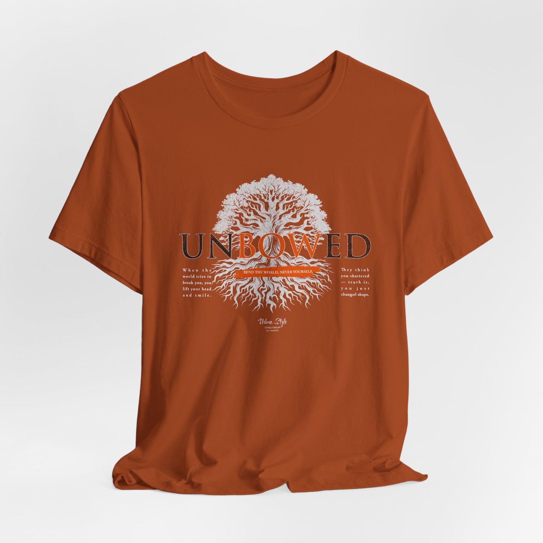 UNBOWED t-shirt in Autumn — Rooted in warmth, resilience, and quiet strength.