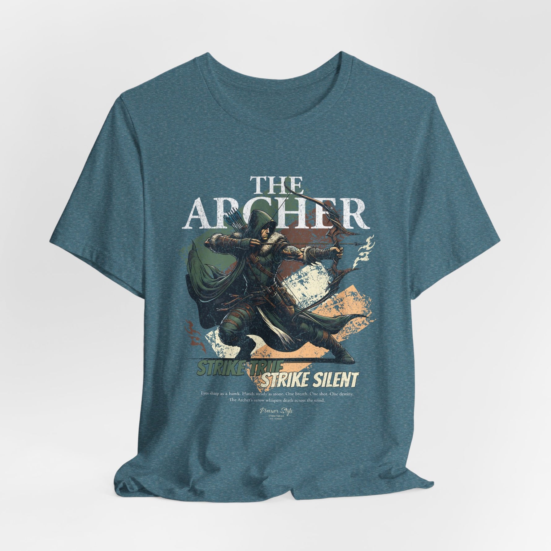 The ARCHER t-shirt in heatherdeepteal — A silent strike across cold waters.