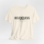 The RELENTLESS t-shirt in Natural — calm surface, unstoppable current.