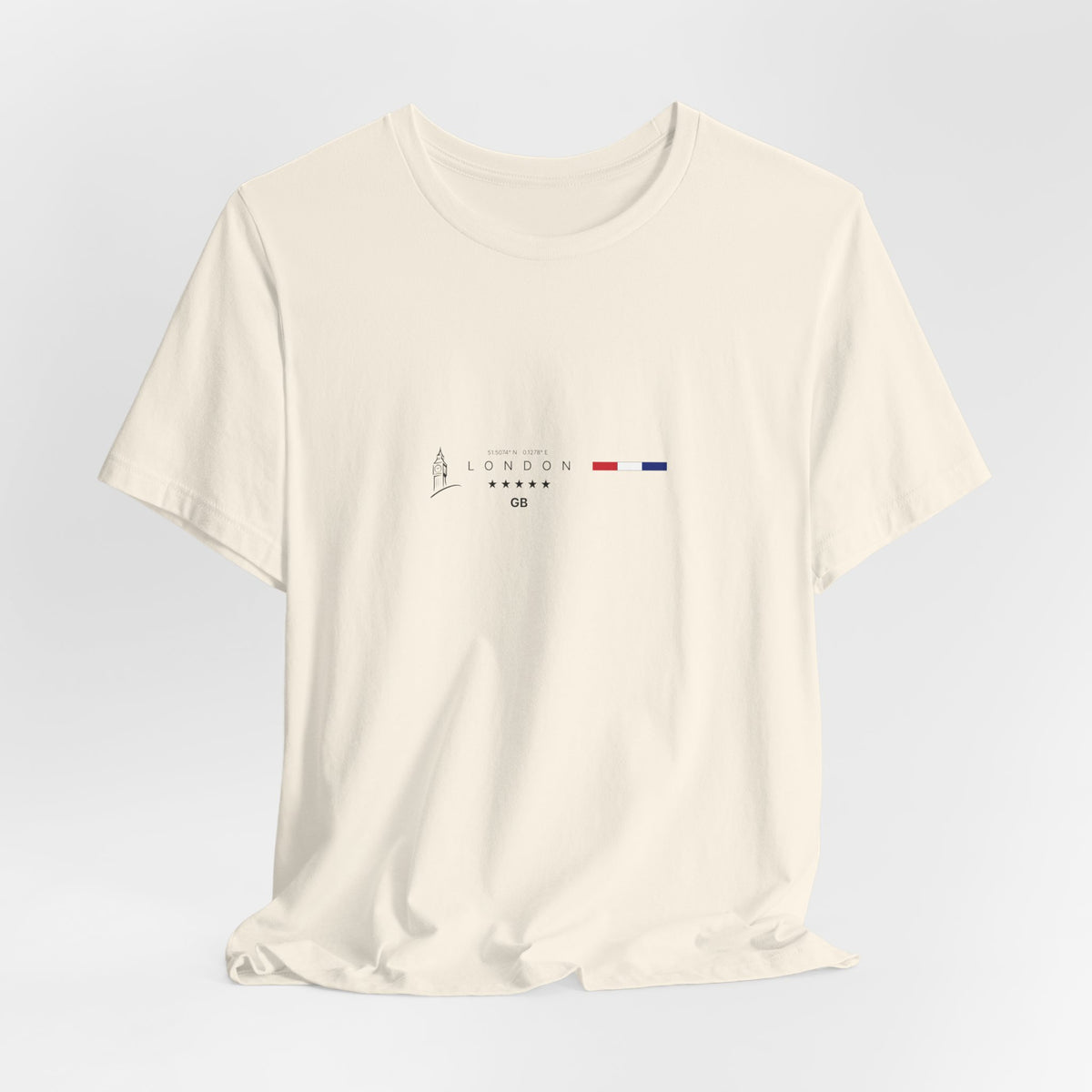 The LONDON t-shirt in natural — 3D mockup on soft off-white shirt, balanced composition with refined line art. No background, no model.