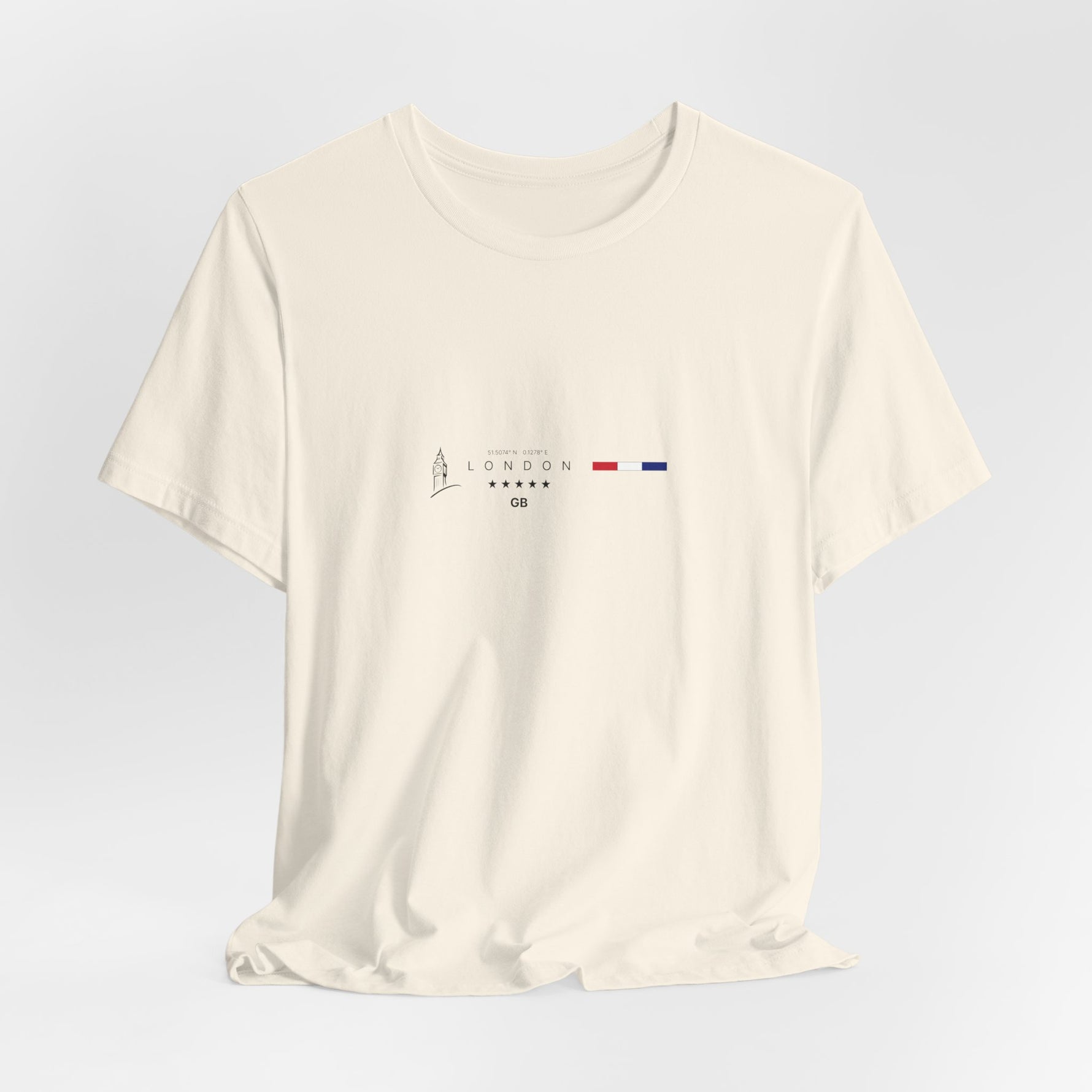 The LONDON t-shirt in natural — 3D mockup on soft off-white shirt, balanced composition with refined line art. No background, no model.