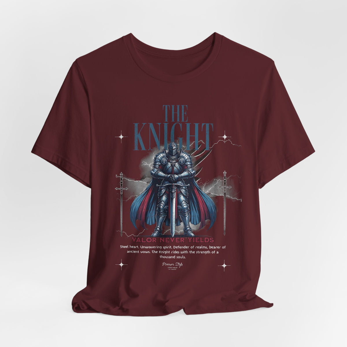 The KNIGHT t-shirt in Maroon — regal, like the drape of noble houses at war.