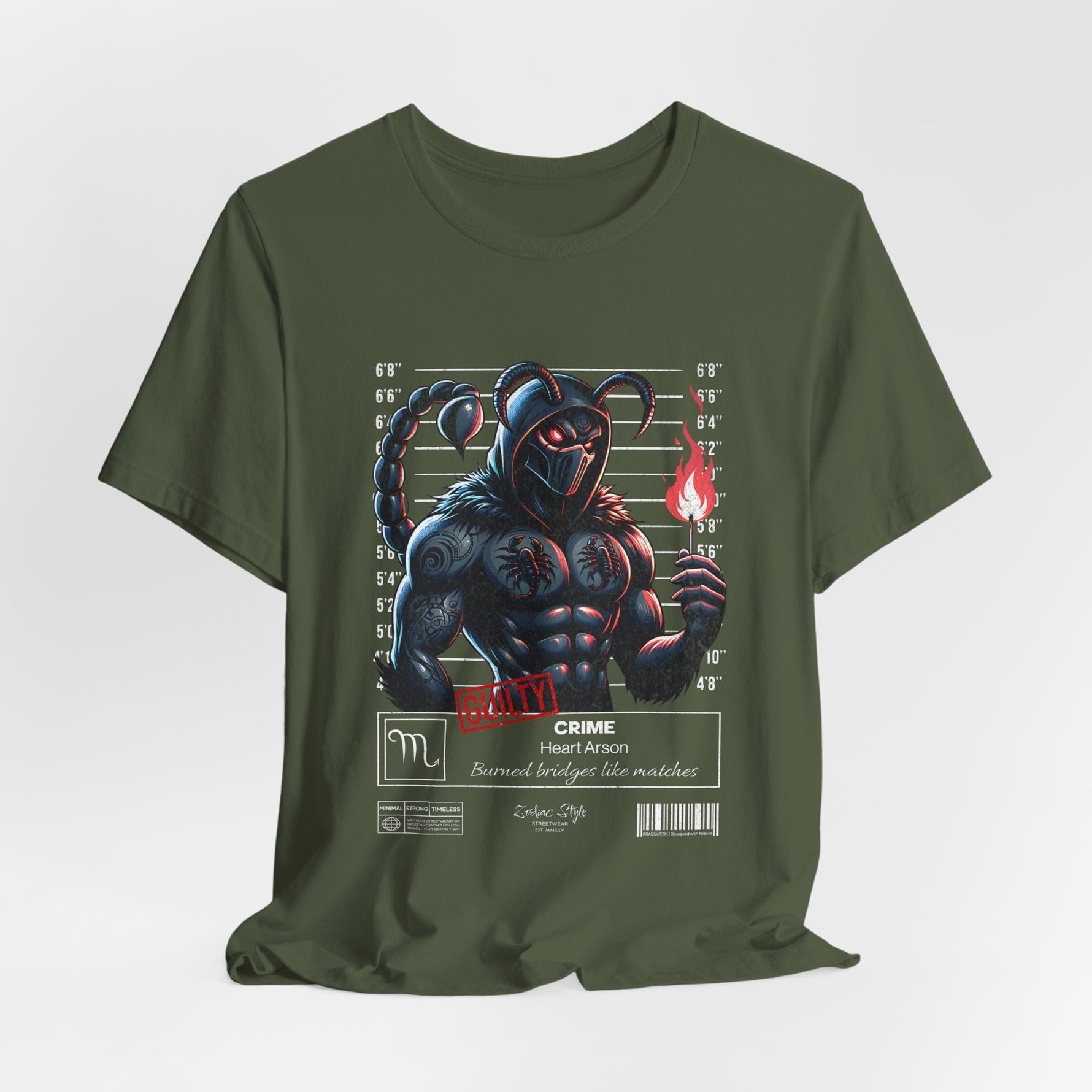 The SCORPIO t-shirt in Military Green — 3D mockup showing shirt color Military Green. No background. No model.