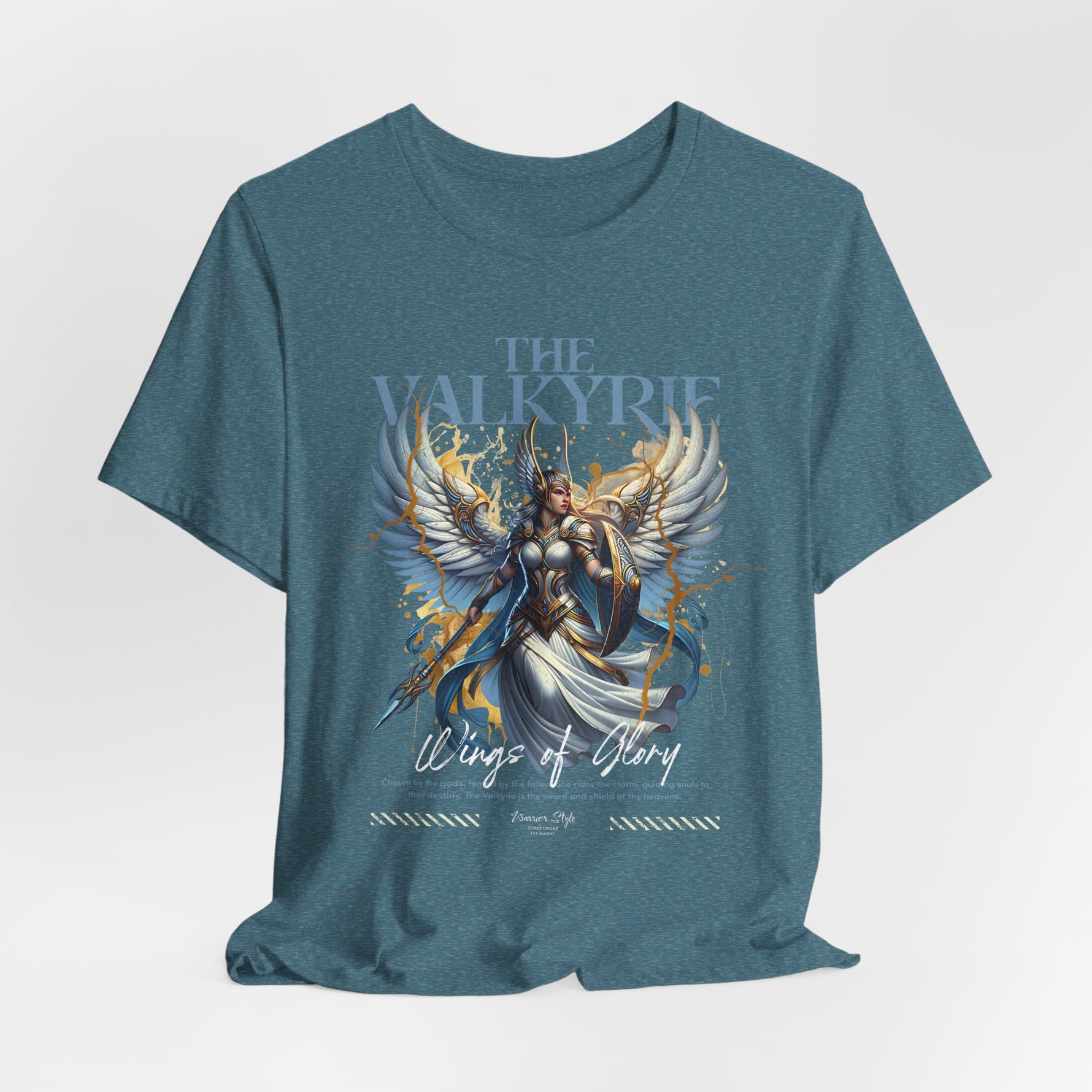 The VALKYRIE t-shirt in Heather Deep Teal — twilight tones with mythic breath.