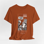 The FEEL REMORSE? t-shirt in autumn — 3D mockup, warm brown-orange hue, no background, no model.
