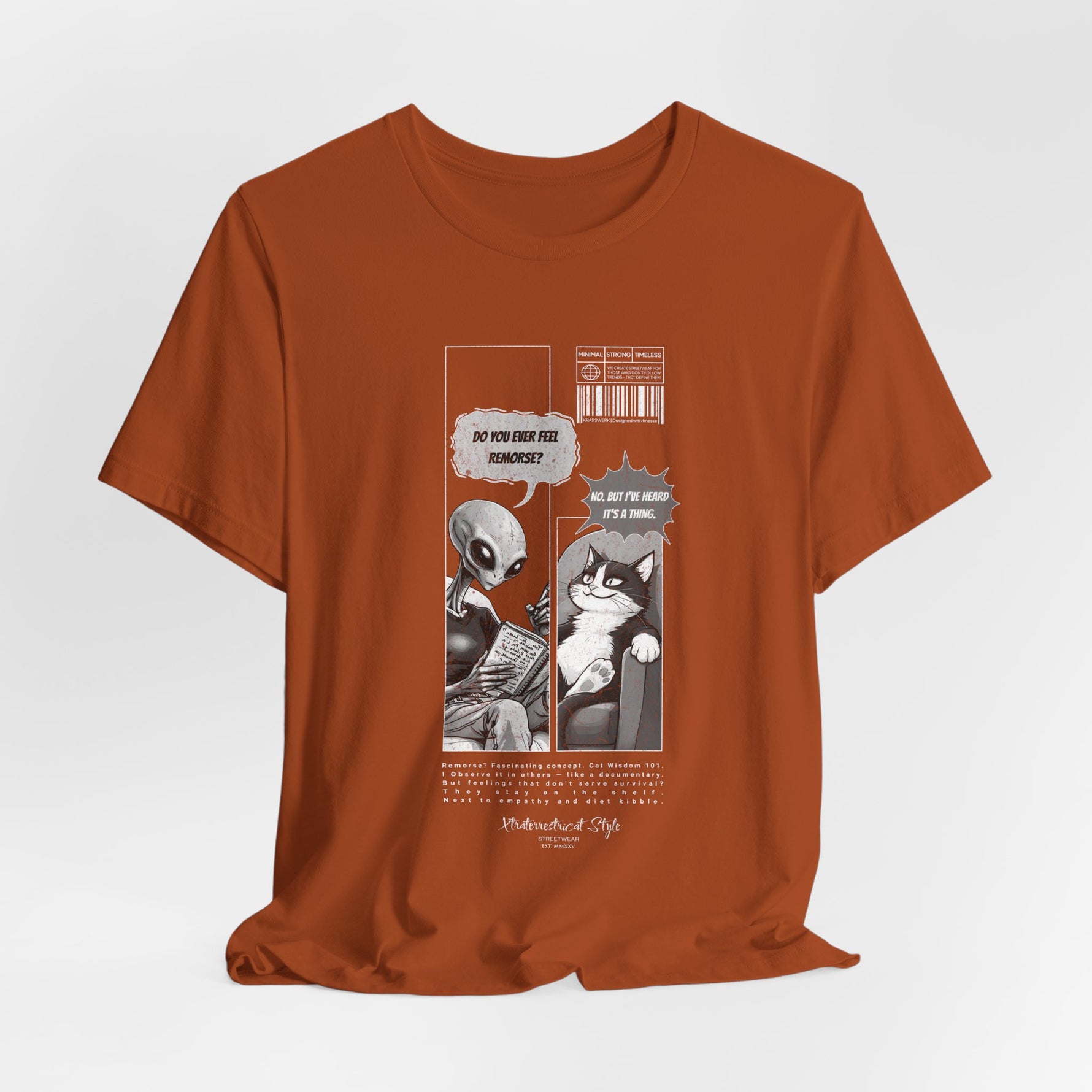 The FEEL REMORSE? t-shirt in autumn — 3D mockup, warm brown-orange hue, no background, no model.