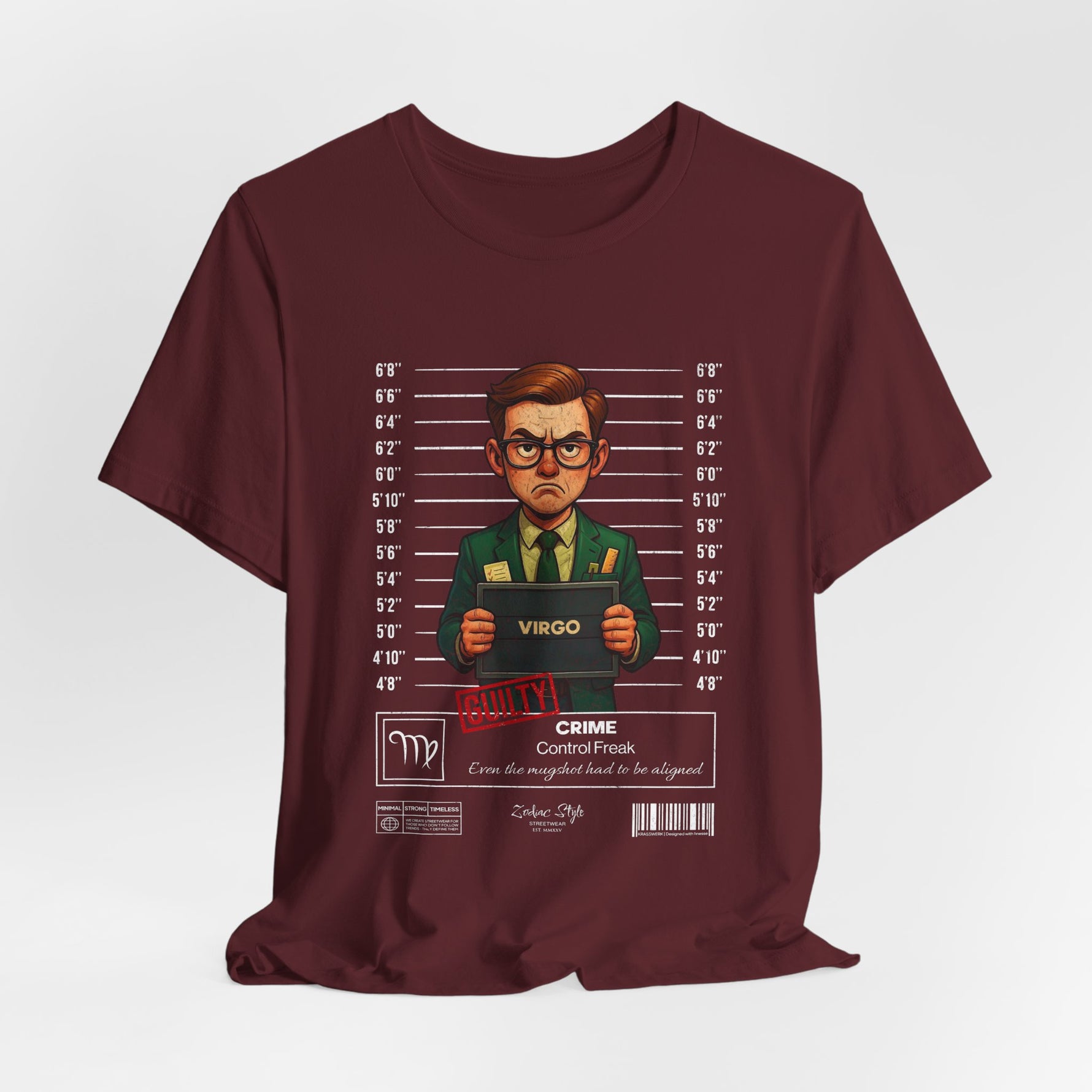 The VIRGO t-shirt in maroon — 3D mockup of the design on a rich maroon-colored shirt. No background, no model.