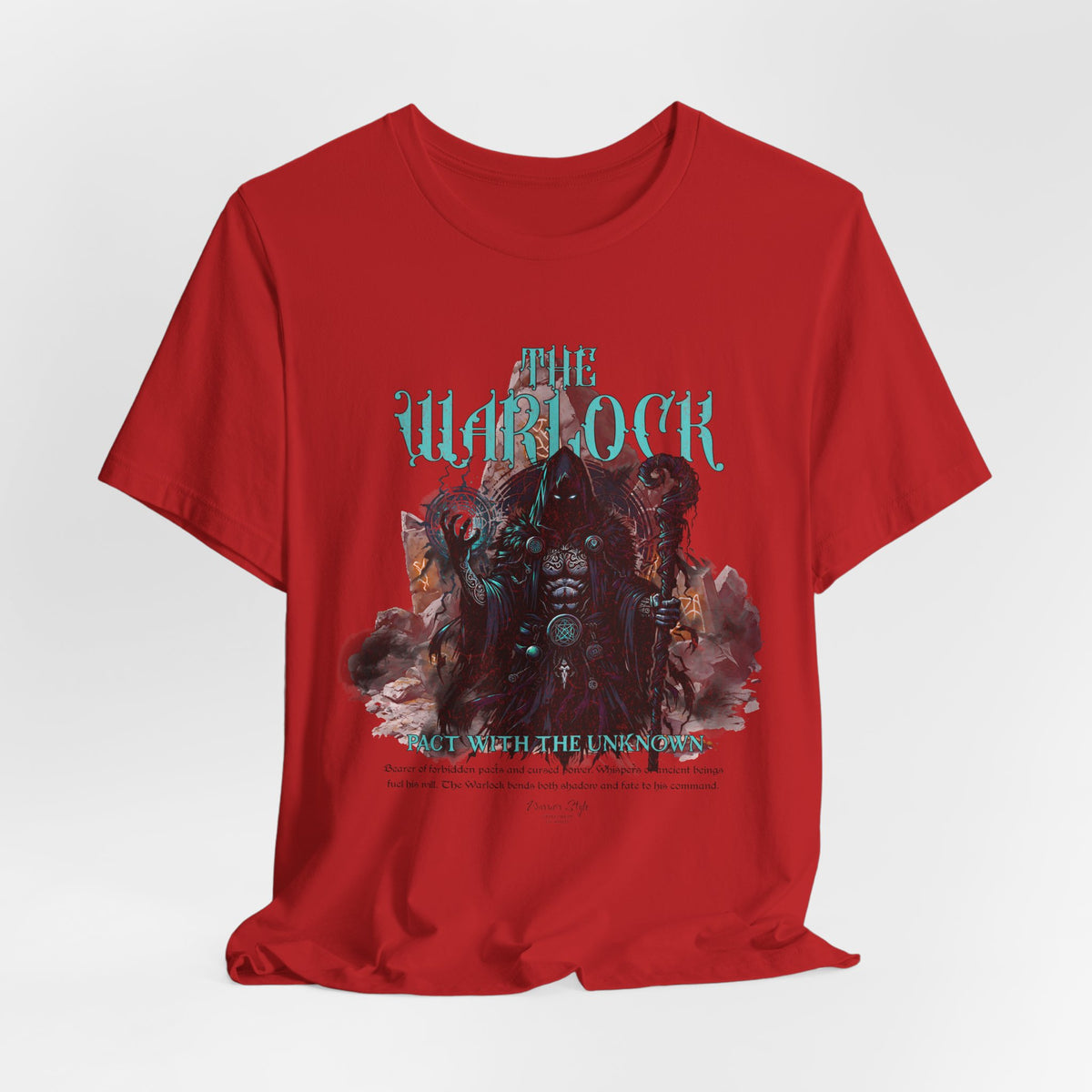The Warlock t-shirt in Red — Power drawn from flames no one dares name.