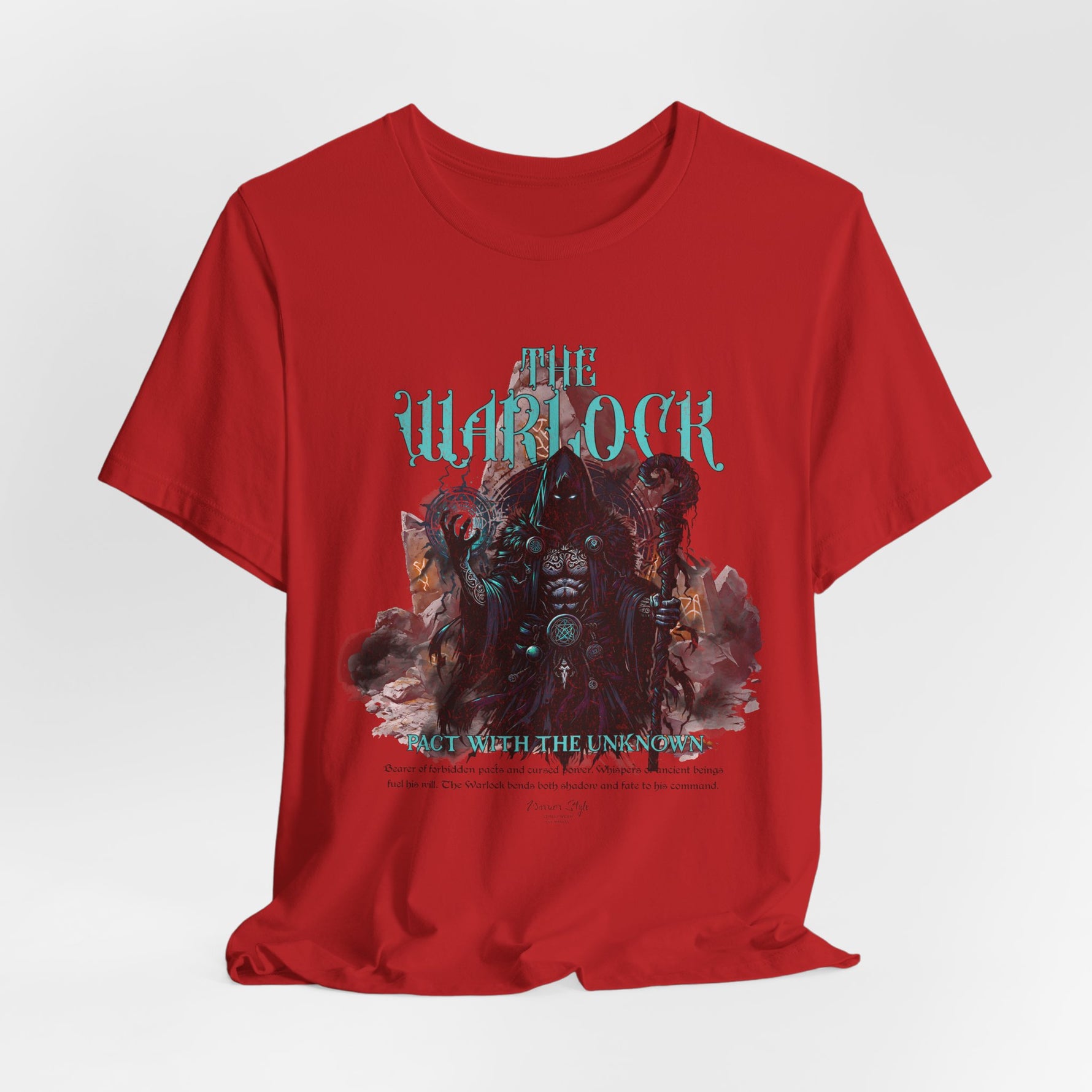 The Warlock t-shirt in Red — Power drawn from flames no one dares name.