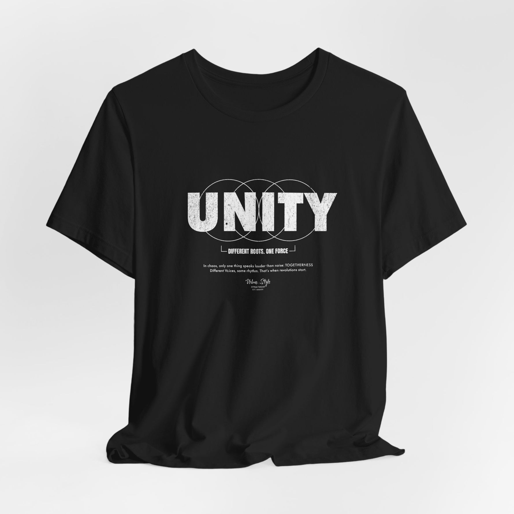 The UNITY t-shirt in Black — strength in stillness. All voices, one force.