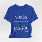 The VOICES t-shirt in True Royal — sharp clarity inside a storm of inner noise.