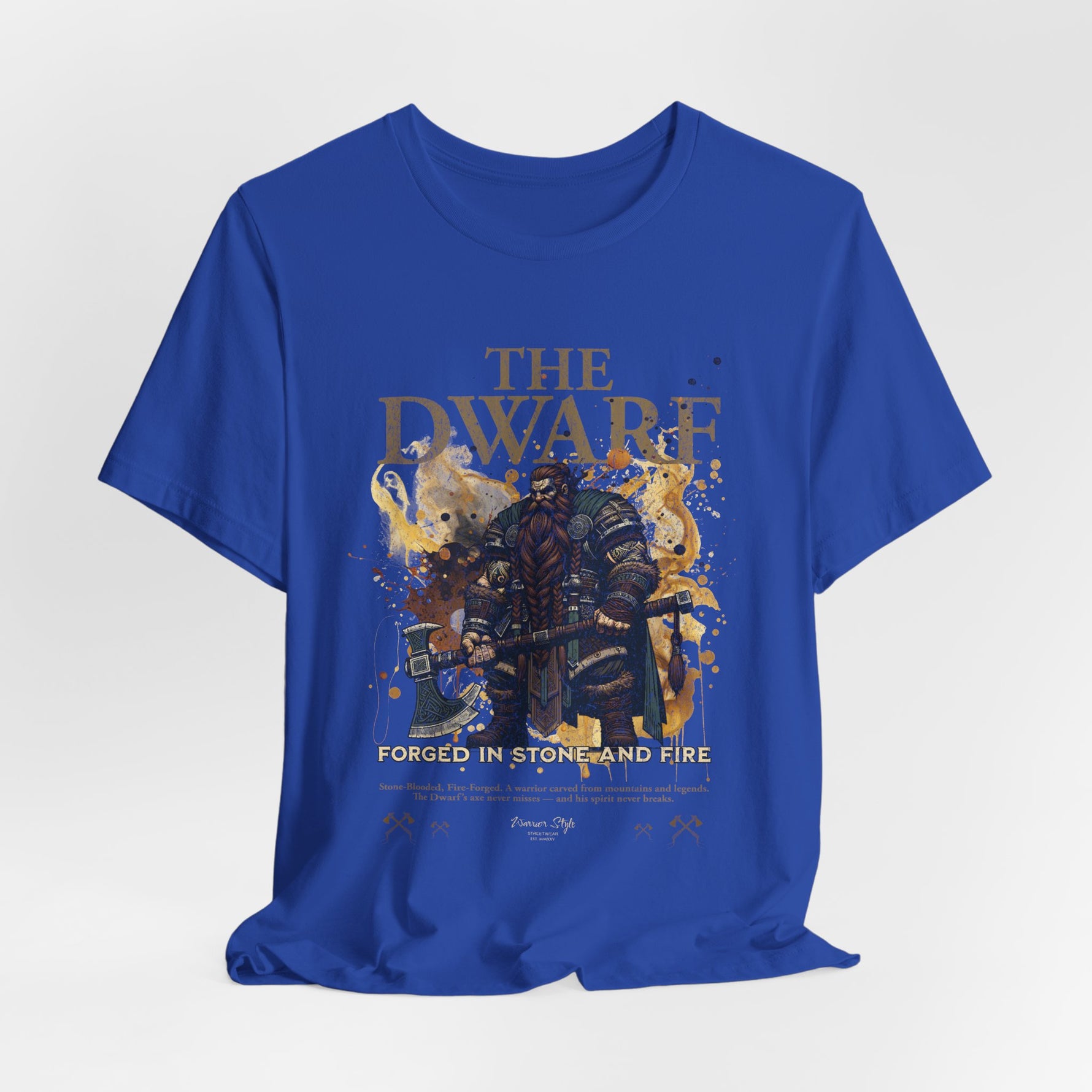 The DWARF t-shirt in True Royal — noble, echoing the honor of dwarven kings.