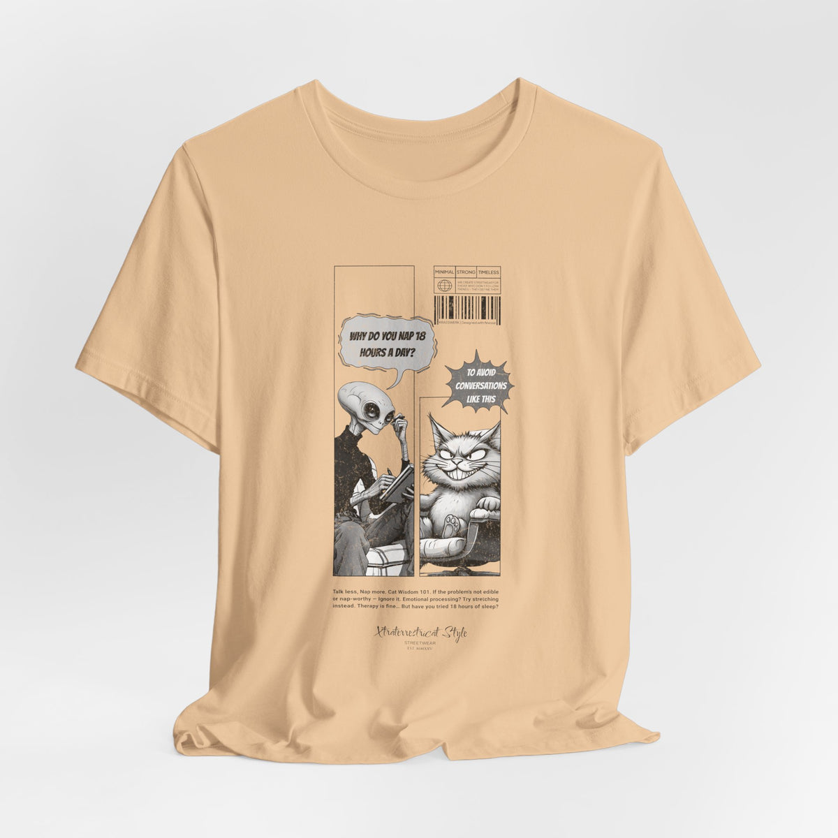 The NAP – 18h A Day t-shirt in Sand Dune — Muted beige tones pair with the comic’s dry humor for an understated look.
