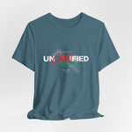The PROJECT UNCLASSIFIED t-shirt in heatherdeepteal — 3D mockup of shirt in moody deep teal, no background, no model.