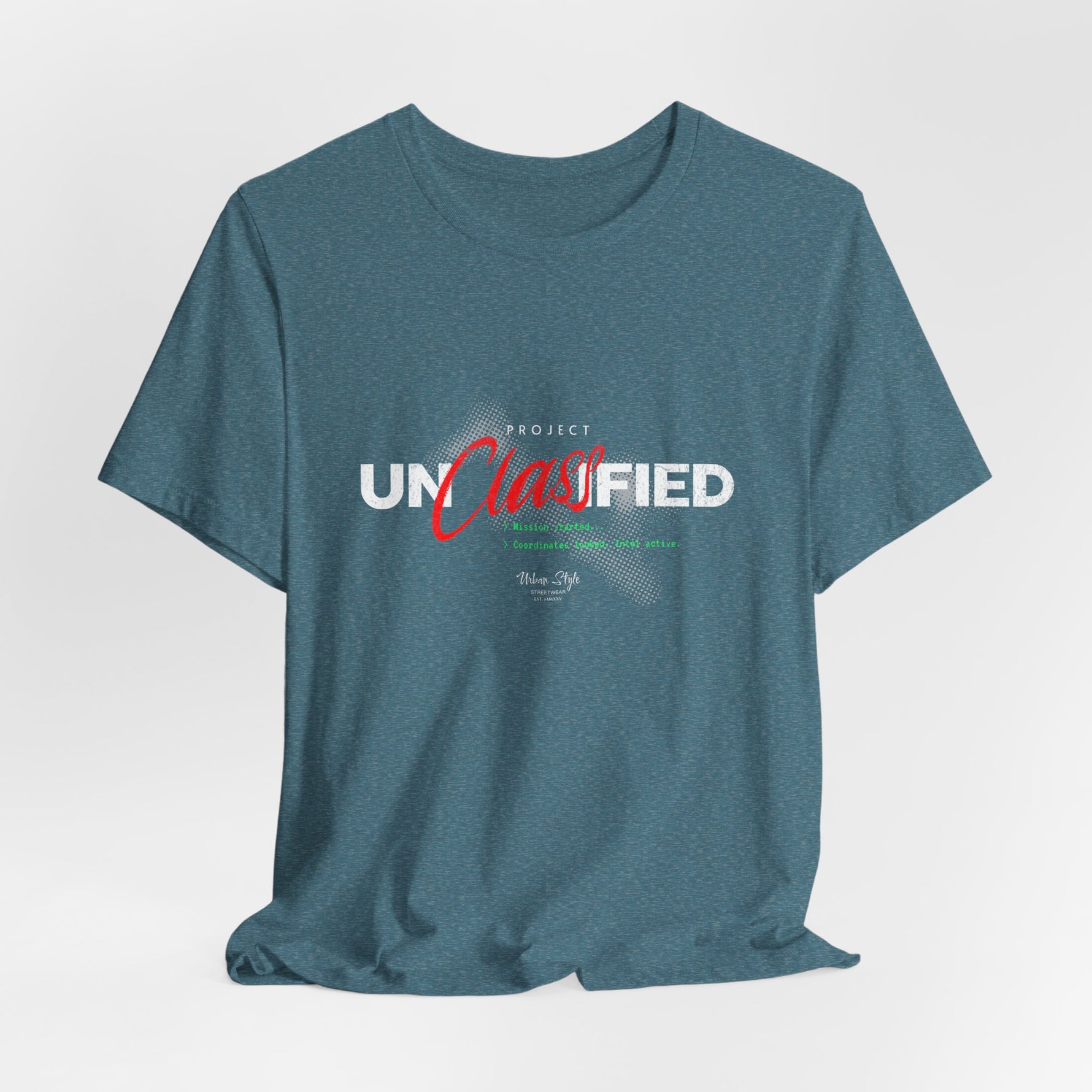 The PROJECT UNCLASSIFIED t-shirt in heatherdeepteal — 3D mockup of shirt in moody deep teal, no background, no model.