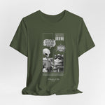 The GRAVITY t-shirt in Military Green — 3D mockup with muted army green tone, featuring the printed comic in white ink. Model-free and background-free.