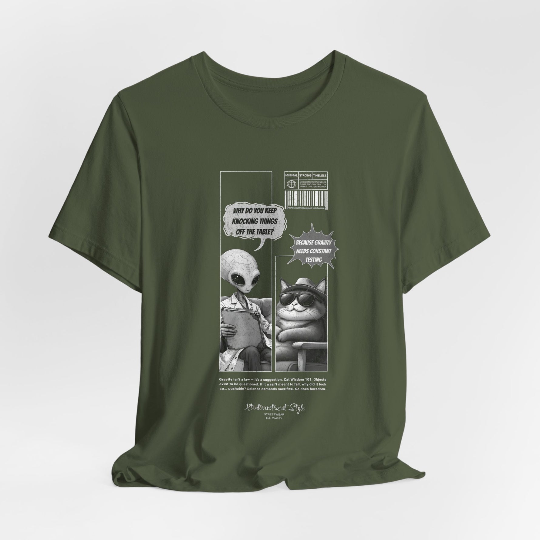 The GRAVITY t-shirt in Military Green — 3D mockup with muted army green tone, featuring the printed comic in white ink. Model-free and background-free.