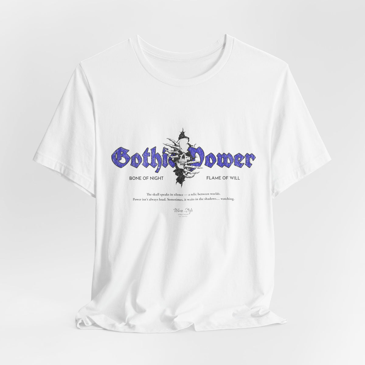 The GOTHIC POWER t-shirt in White — purity laced with prophecy and iron restraint.