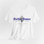 The GOTHIC POWER t-shirt in White — purity laced with prophecy and iron restraint.