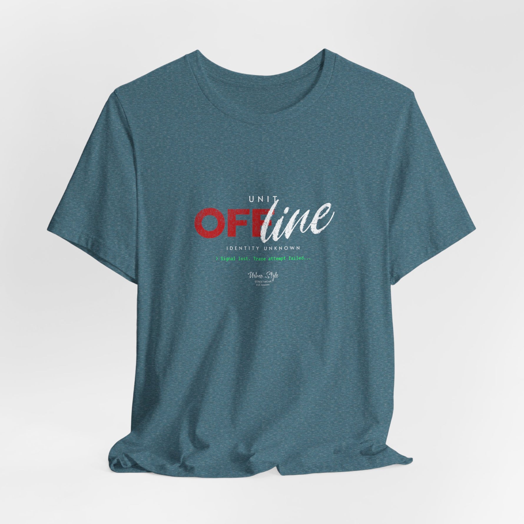 The UNIT OFFLINE t-shirt in heather deep teal — unread signal, unknown signature.