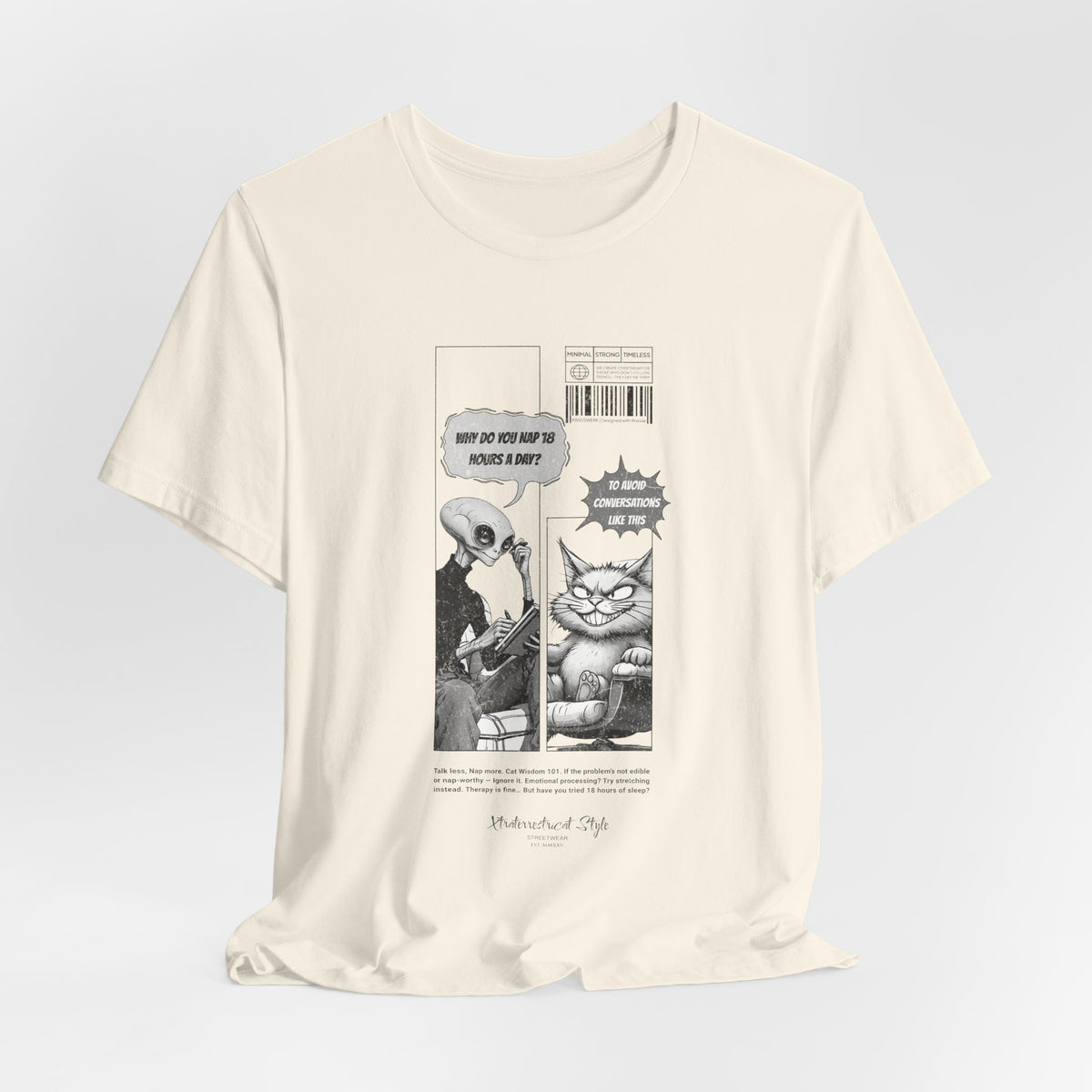 The NAP – 18h A Day t-shirt in Natural — Soft off-white background blends with the comic linework for a minimal aesthetic.