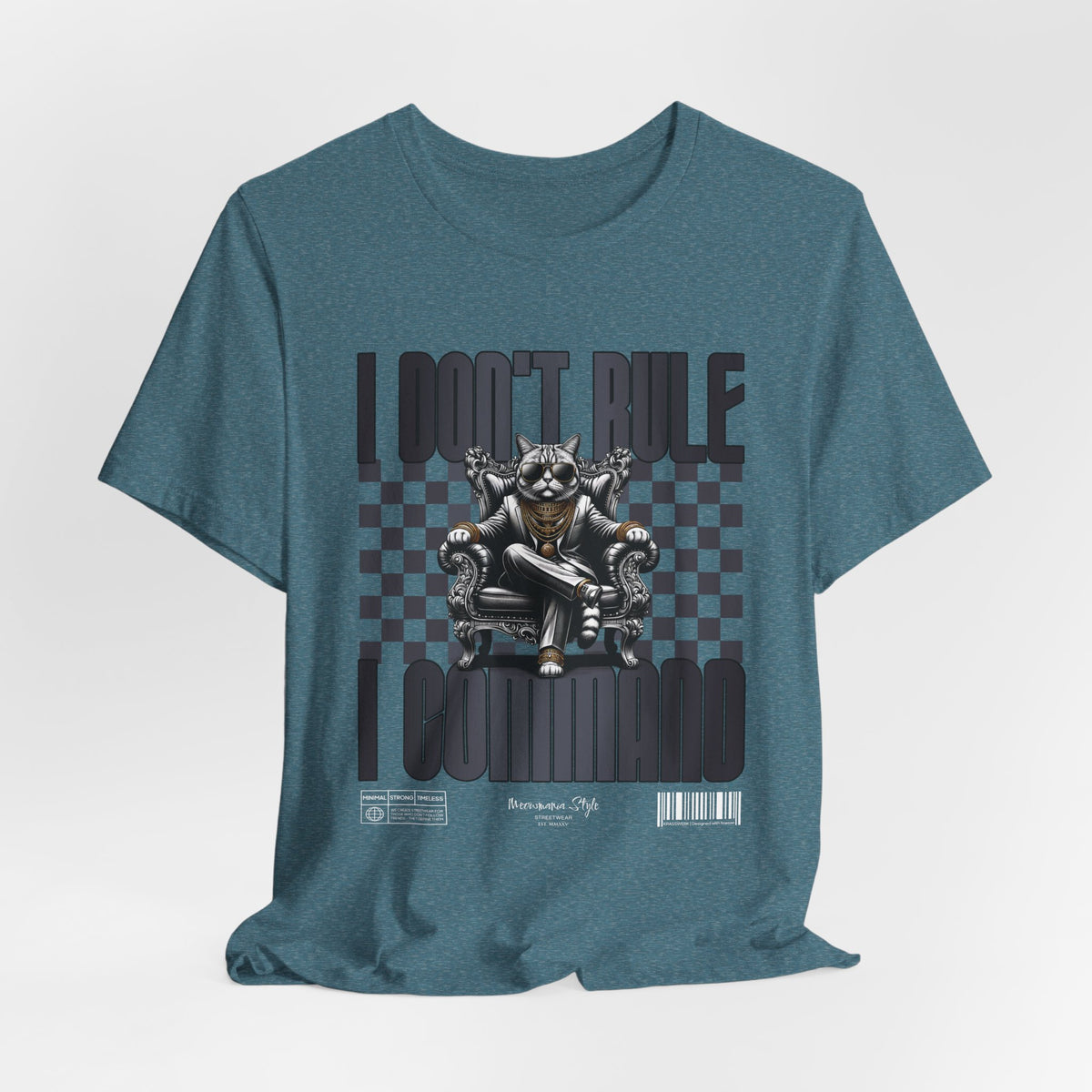 The COMMAND t-shirt in Heather Deep Teal — Muted teal 3D mockup. No model, no background.