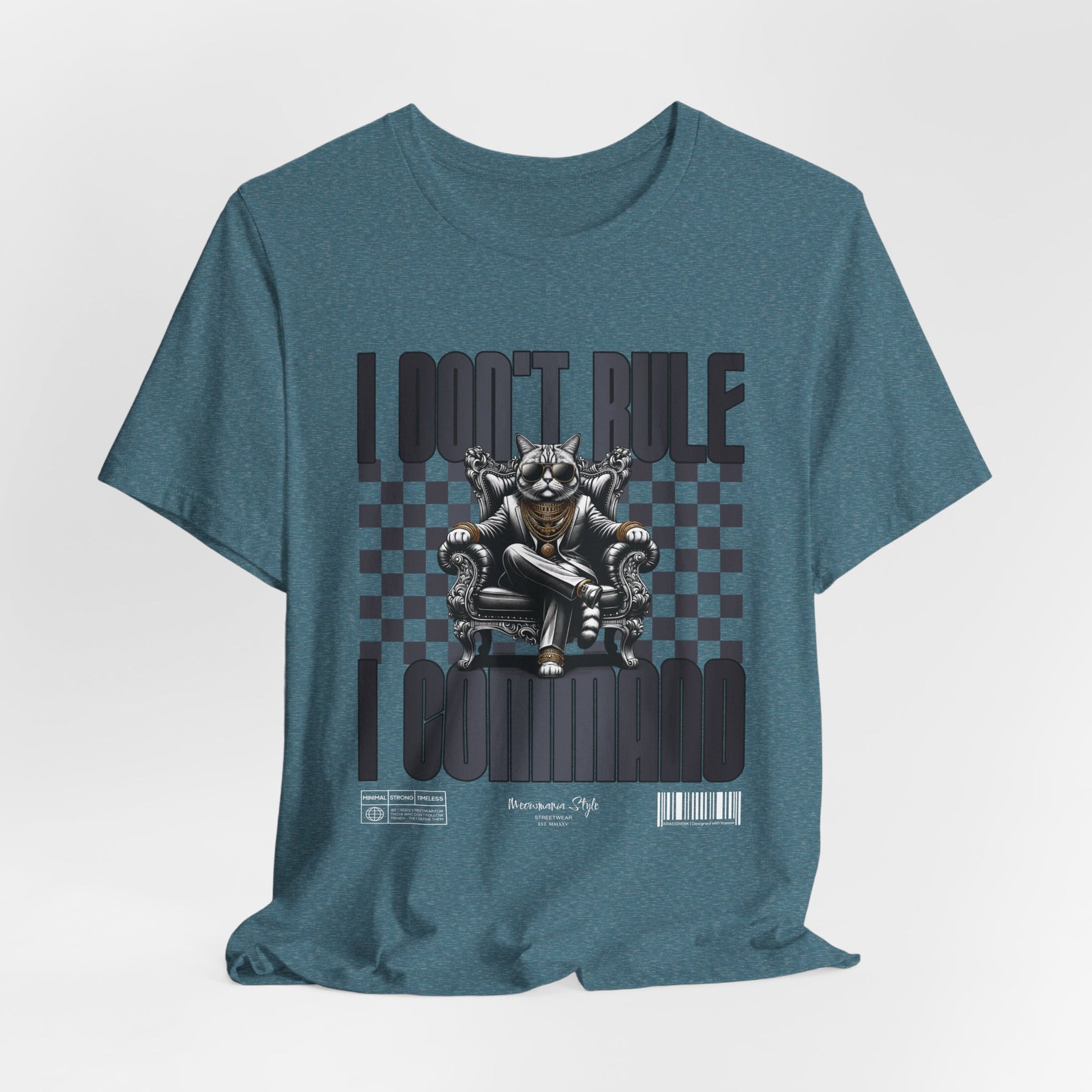 The COMMAND t-shirt in Heather Deep Teal — Muted teal 3D mockup. No model, no background.