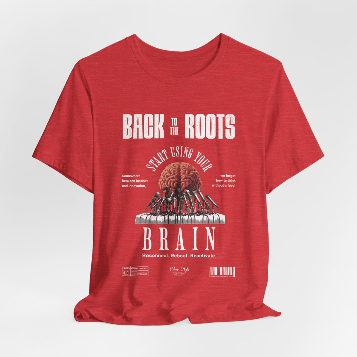 The Back to the Roots t-shirt in Heather Red — old fire, same bloodline.