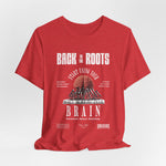 The Back to the Roots t-shirt in Heather Red — old fire, same bloodline.