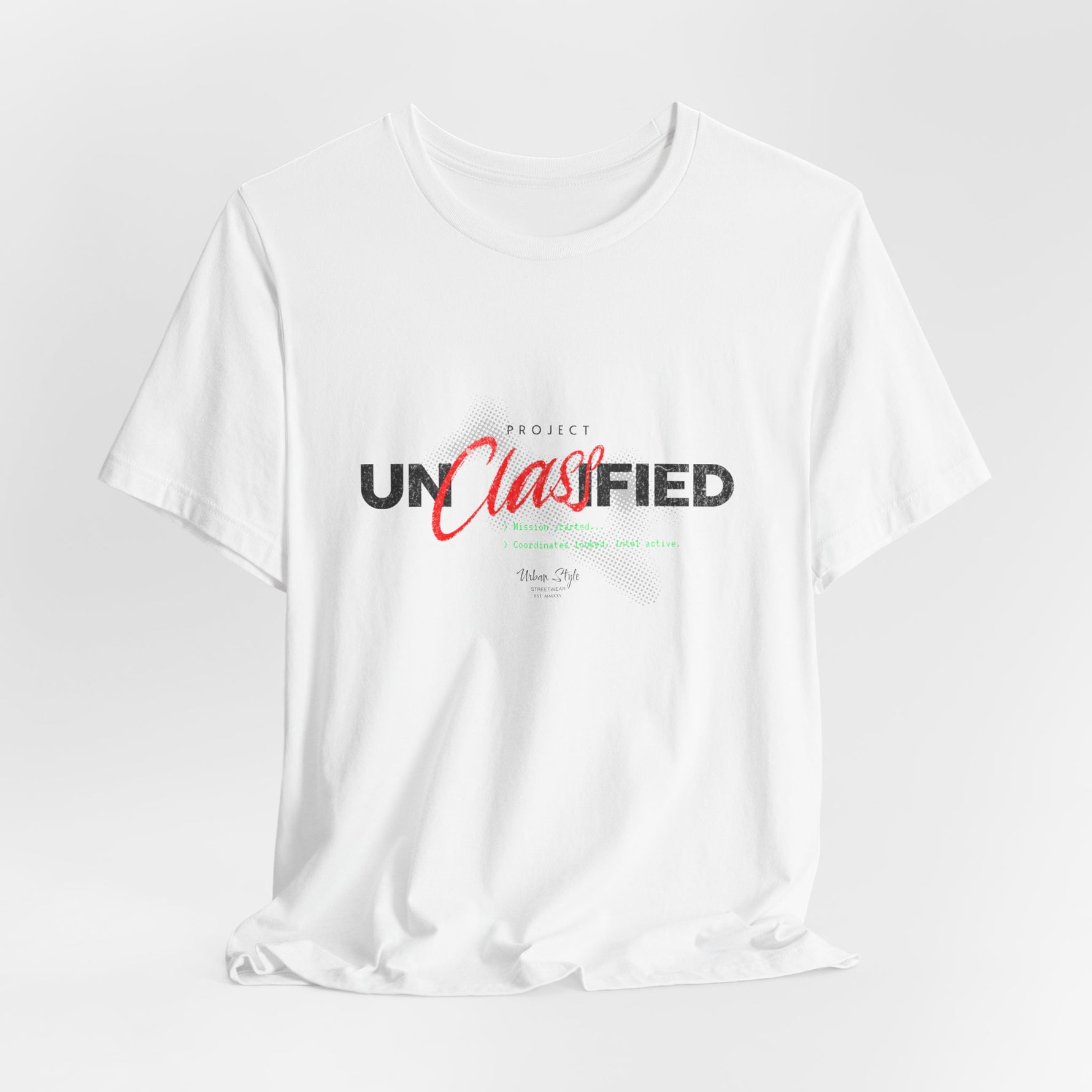 The PROJECT UNCLASSIFIED t-shirt in white — 3D mockup of shirt in plain white, no background, no model.