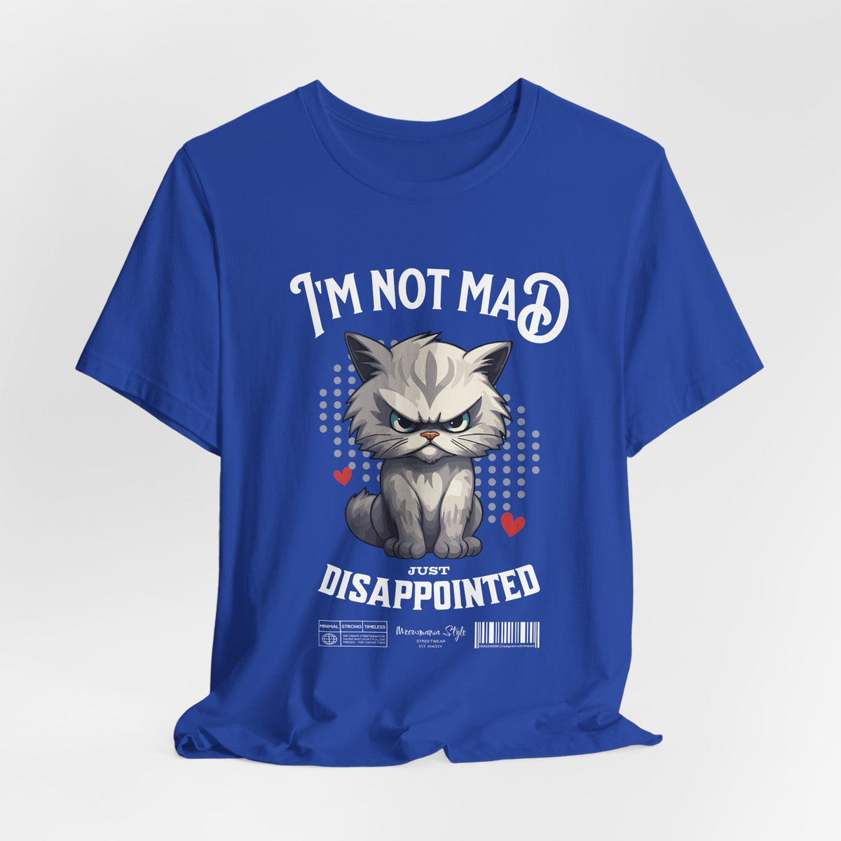 The NOT MAD t-shirt in True Royal — 3D mockup of a vivid royal blue shirt; isolated without background.