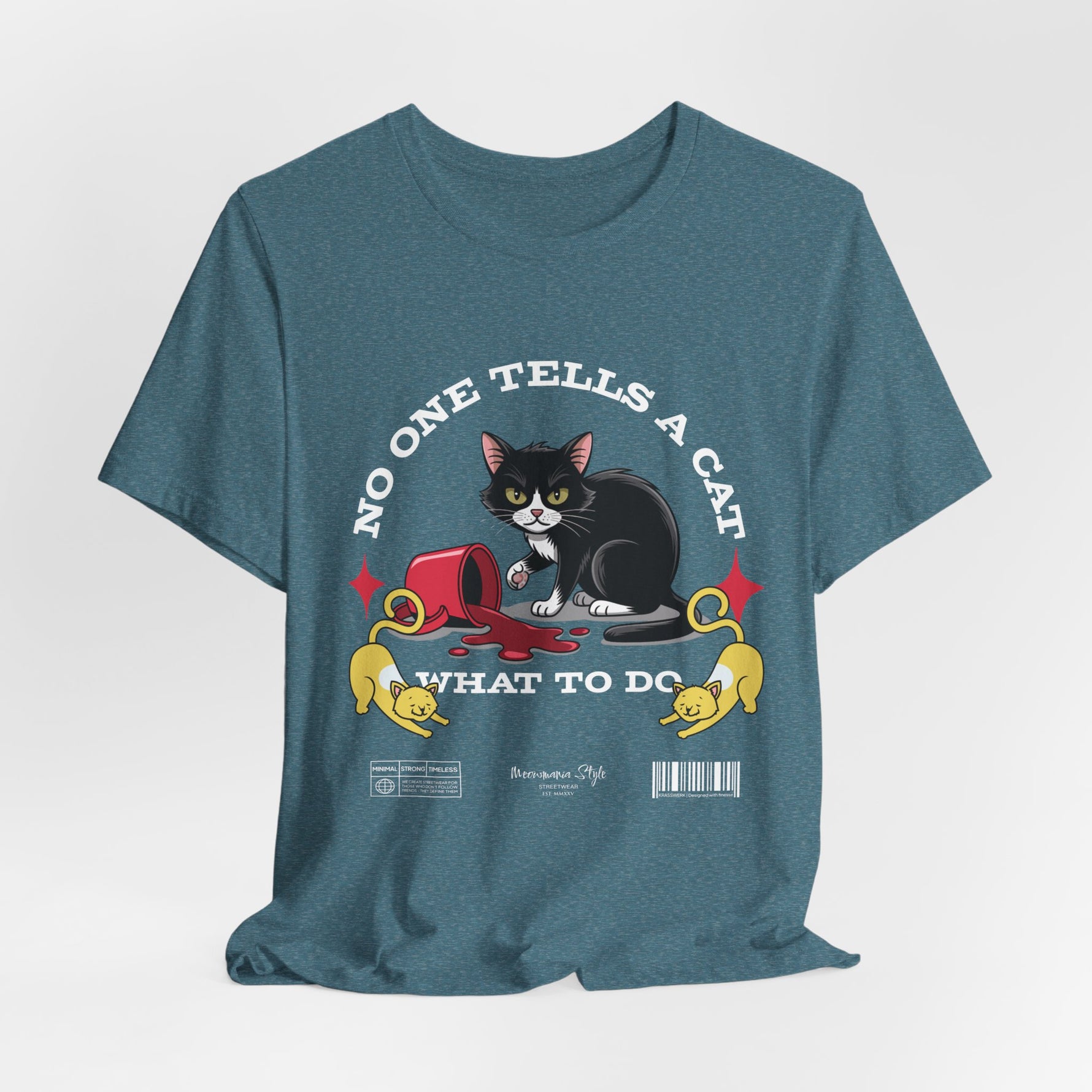 The No One Tells a Cat t-shirt in heatherdeepteal — ghost mockup showing a rich teal heathered tone with no background or model.